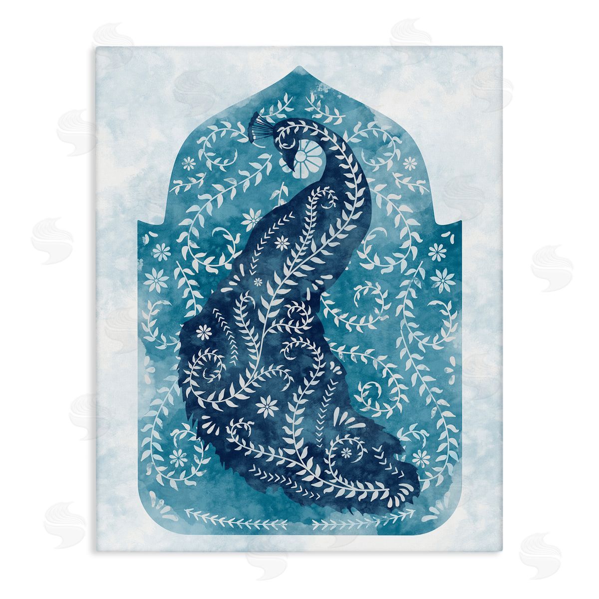 Peacock in Blue Arabesque Shape Canvas Wall Art, Home Decor by Ziwei Li