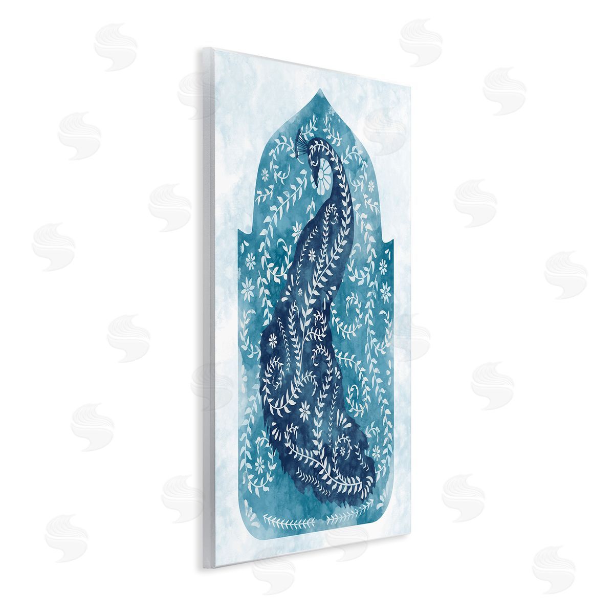 Peacock in Blue Arabesque Shape Wood Plaque Wall Art, Home Decor by Ziwei Li