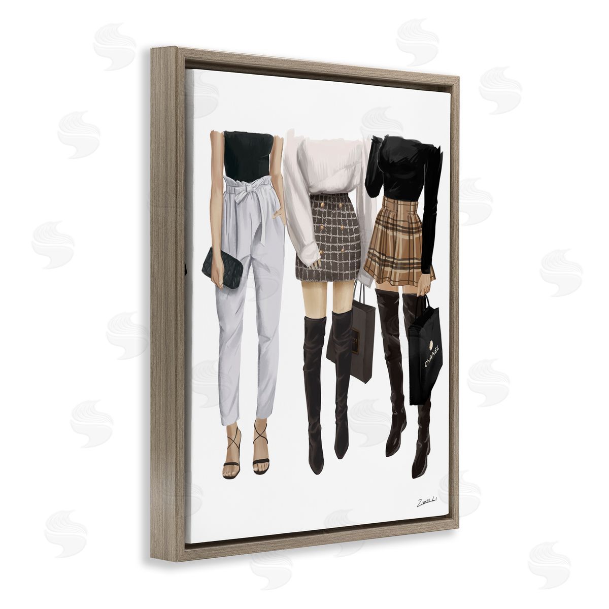 Fashion Females with Shopping Bags Brown Floating Frame Canvas Wall Art, Home Decor by Ziwei Li
