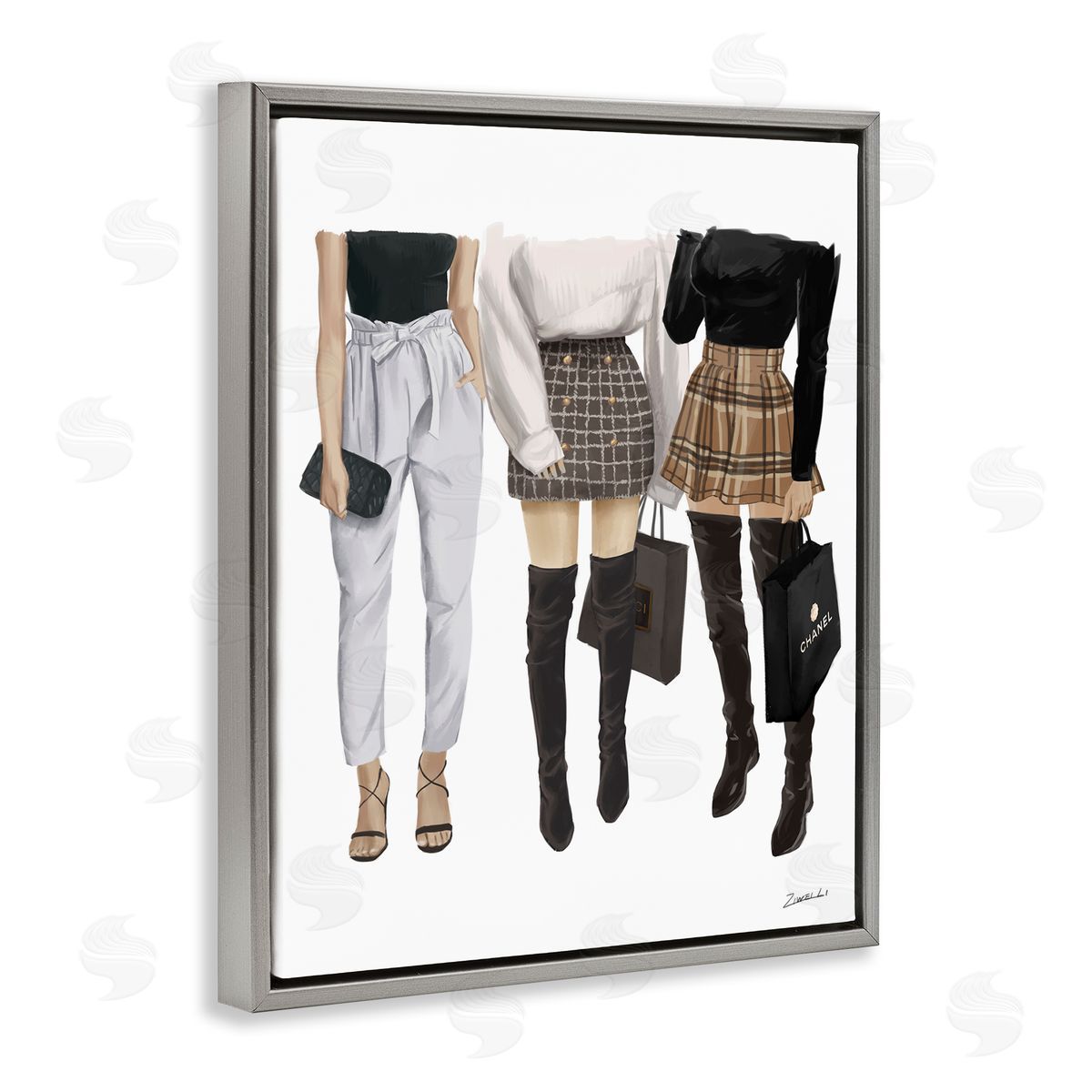 Fashion Females with Shopping Bags Grey Floating Frame Canvas Wall Art, Home Decor by Ziwei Li