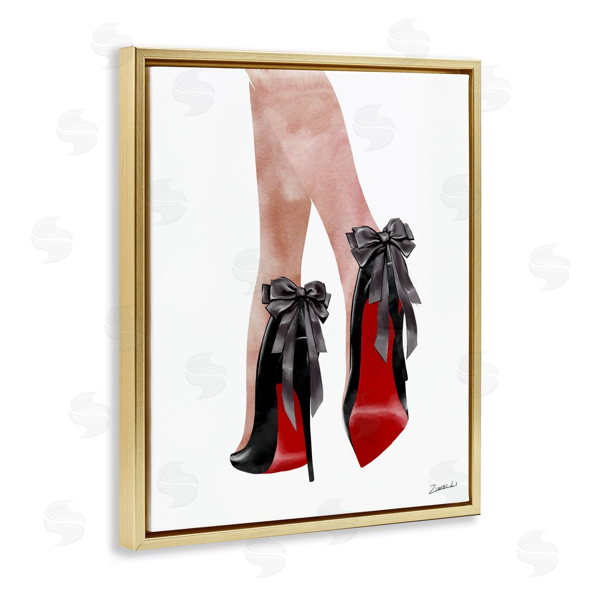 Red Bottom Bow High Heels Gold Floating Frame Canvas Wall Art, Home Decor by Ziwei Li