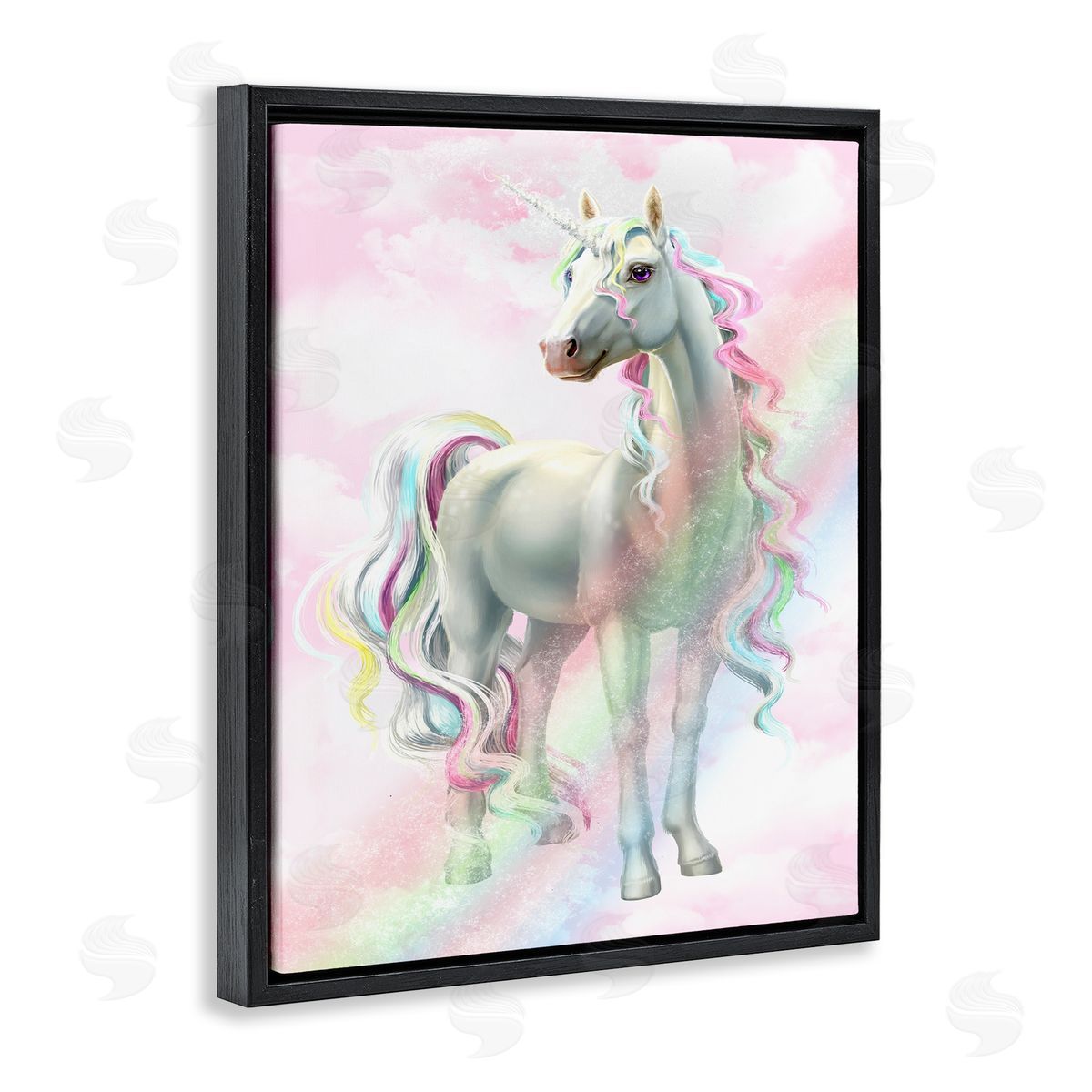 Pink Unicorn Rainbow Clouds Black Floating Frame Canvas Wall Art, Home Decor by Ziwei Li