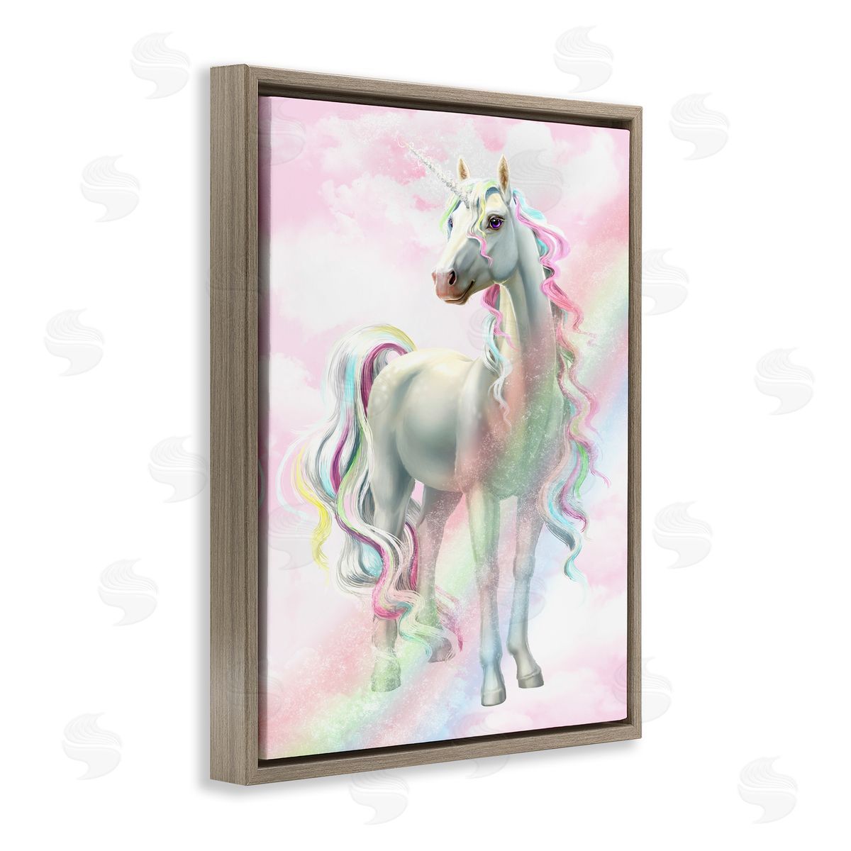 Pink Unicorn Rainbow Clouds Brown Floating Frame Canvas Wall Art, Home Decor by Ziwei Li