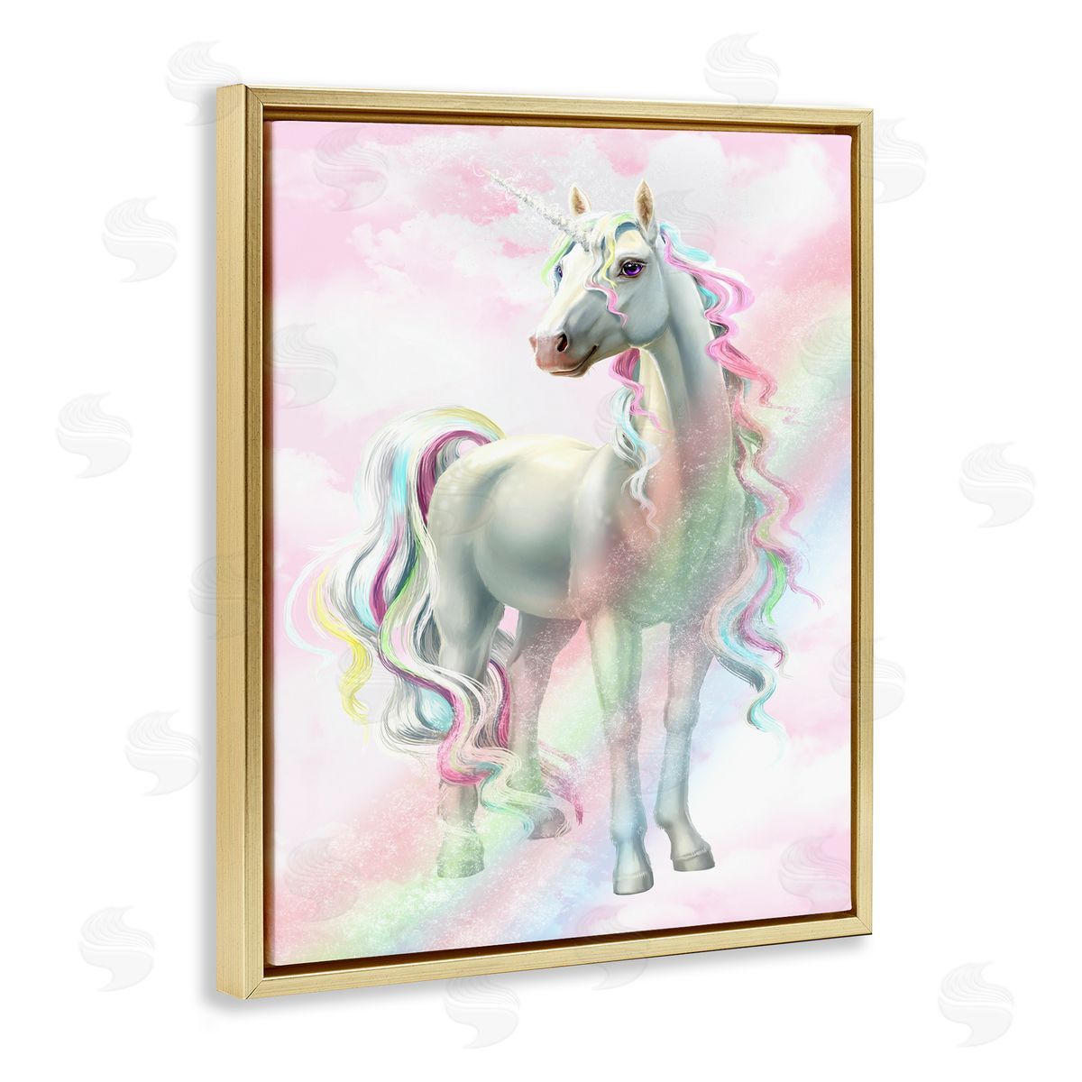 Pink Unicorn Rainbow Clouds Gold Floating Frame Canvas Wall Art, Home Decor by Ziwei Li