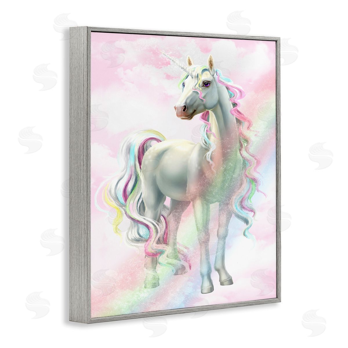 Pink Unicorn Rainbow Clouds Grey Frame Print Wall Art, Home Decor by Ziwei Li