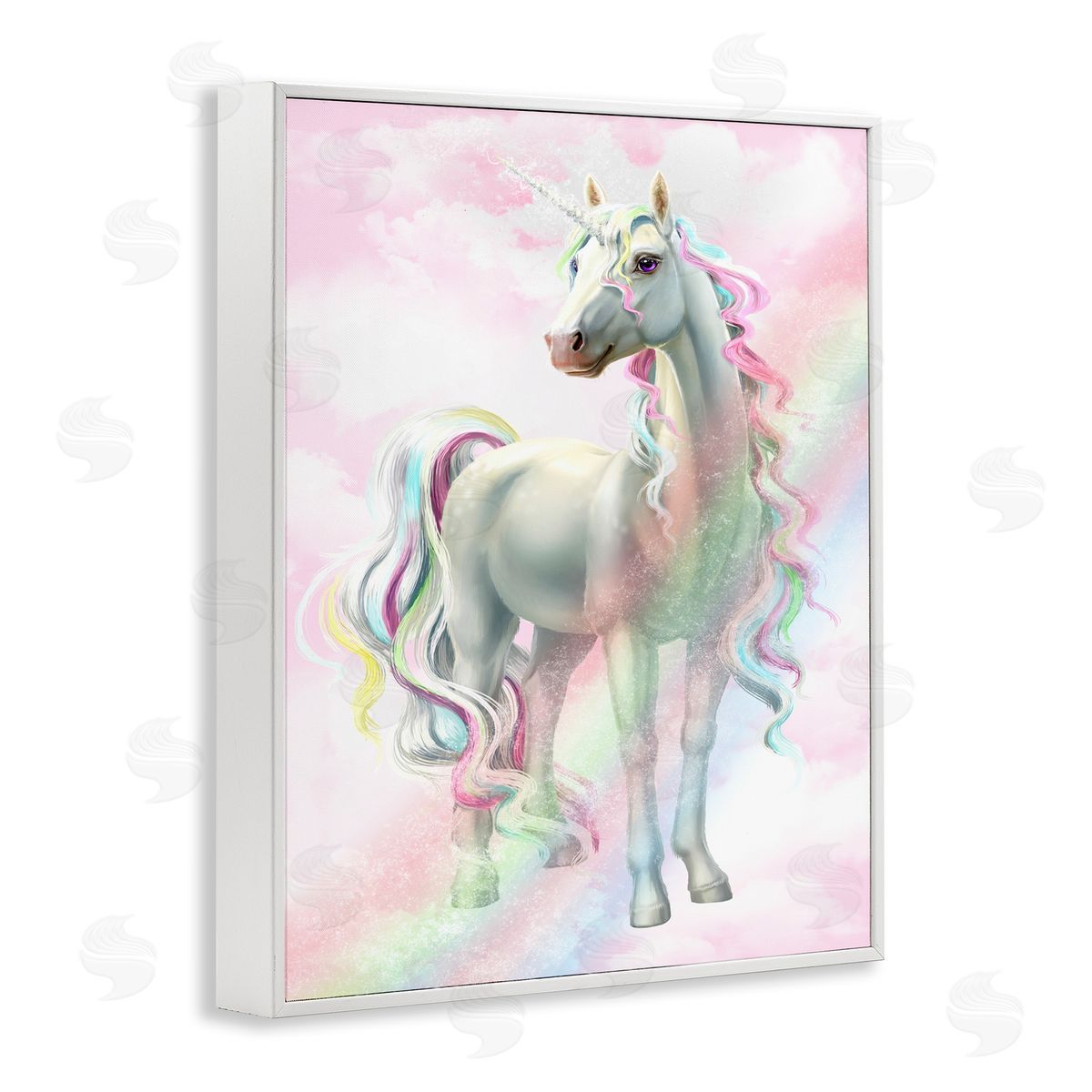 Pink Unicorn Rainbow Clouds White Frame Print Wall Art, Home Decor by Ziwei Li