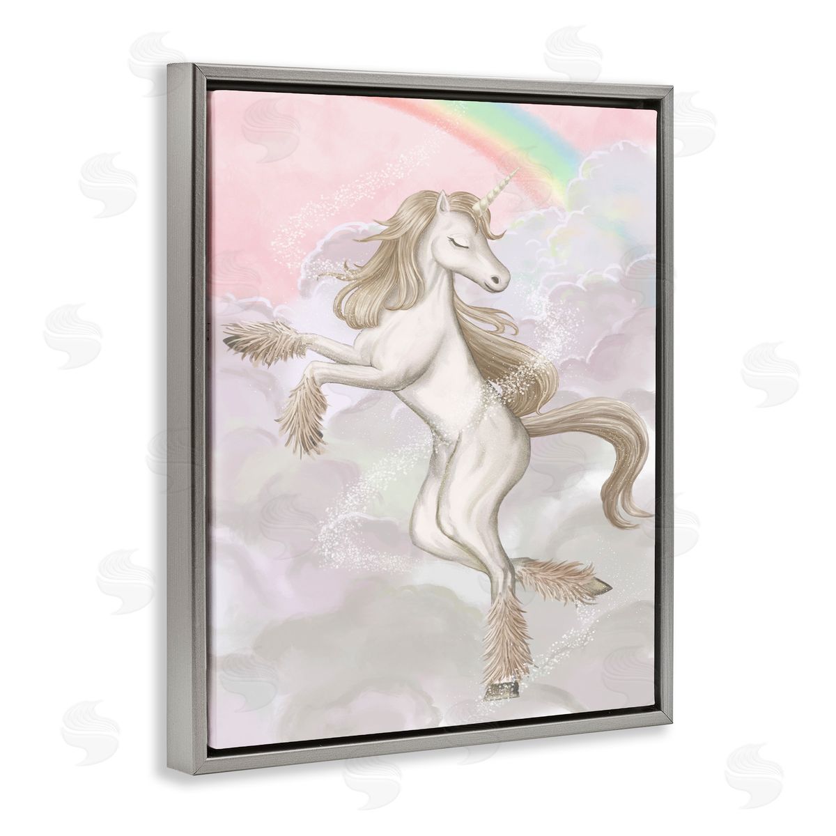 Glam Unicorn Sparkle Rainbow Grey Floating Frame Canvas Wall Art, Home Decor by Ziwei Li