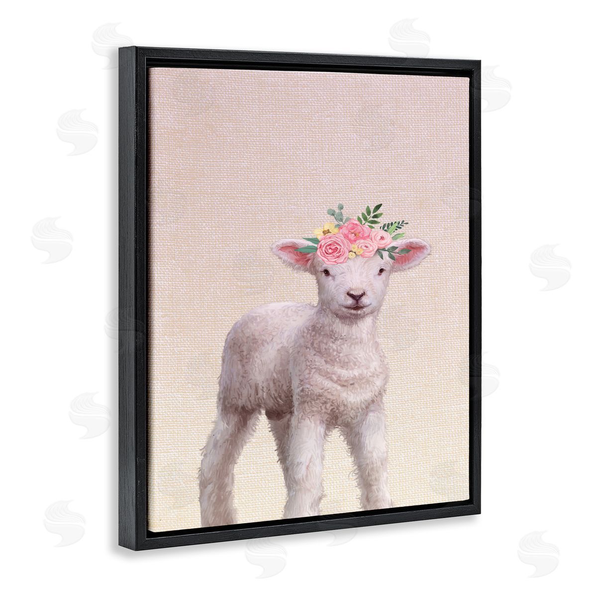 Baby Lamb with Floral Crown Black Floating Frame Canvas Wall Art, Home Decor by Ziwei Li