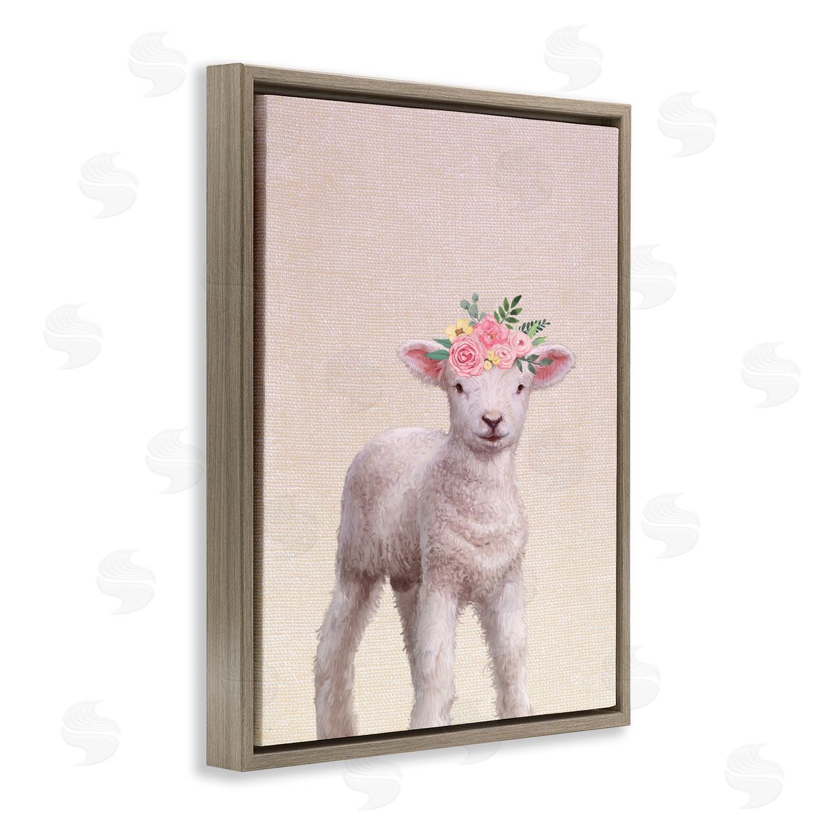Baby Lamb with Floral Crown Brown Floating Frame Canvas Wall Art, Home Decor by Ziwei Li