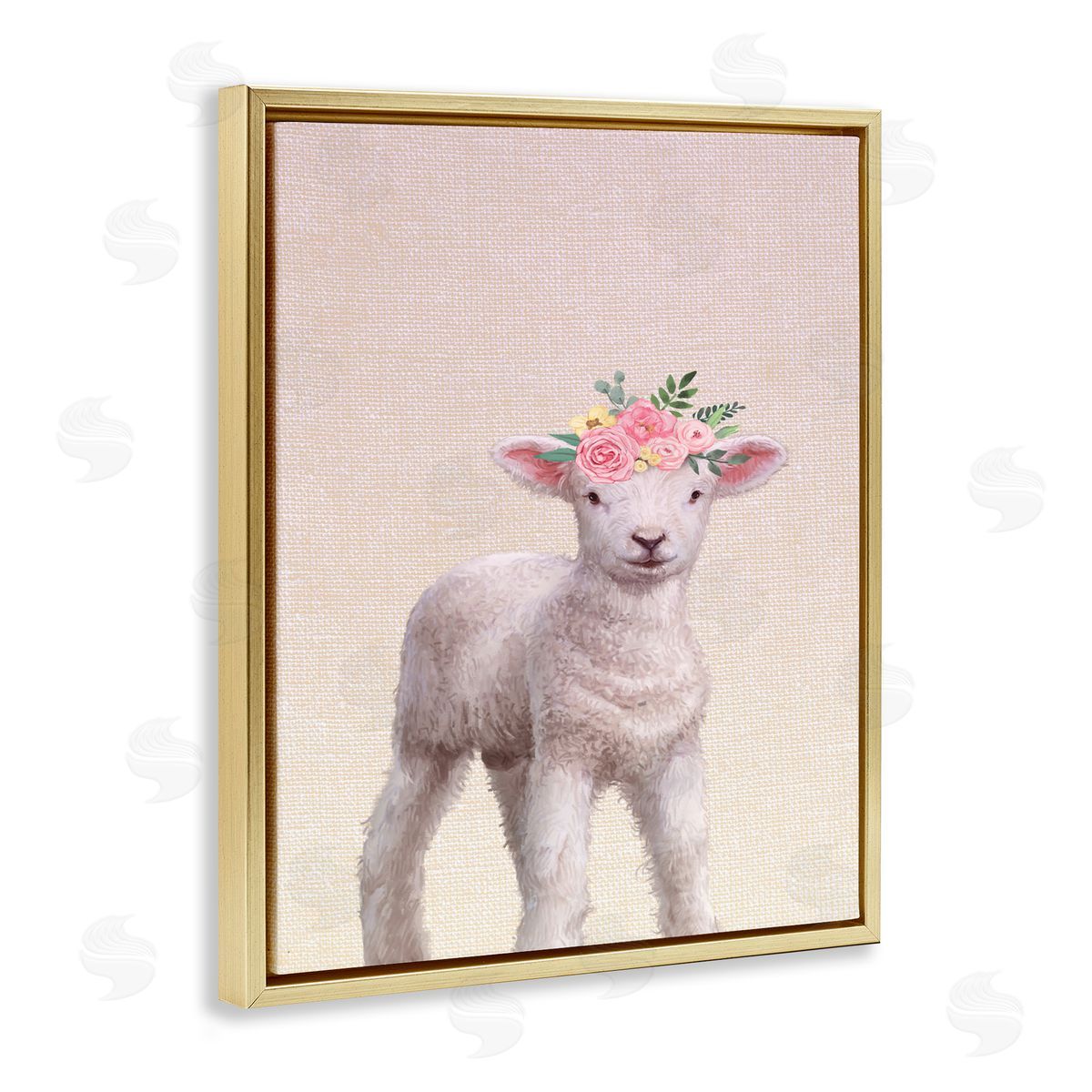 Baby Lamb with Floral Crown Gold Floating Frame Canvas Wall Art, Home Decor by Ziwei Li
