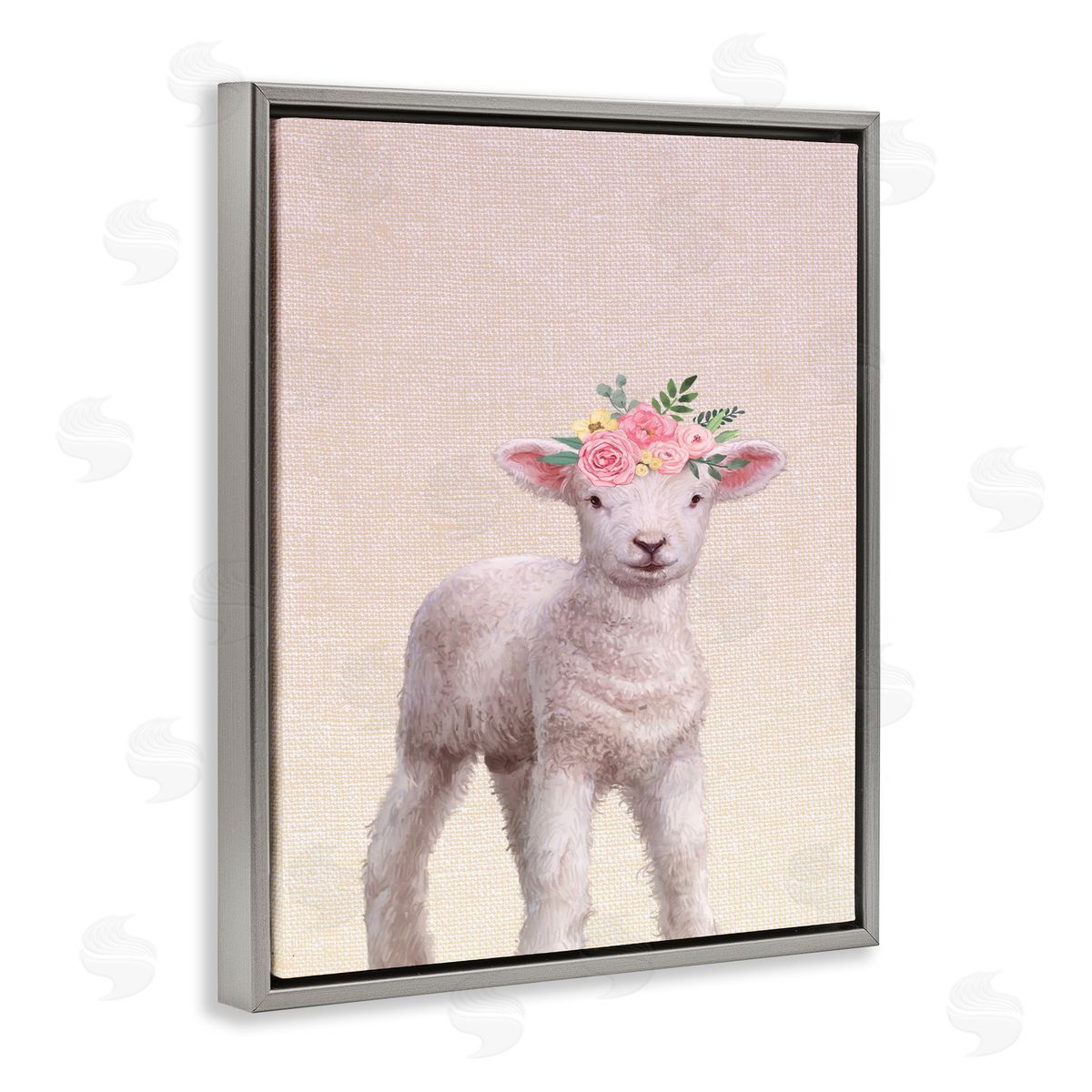 Baby Lamb with Floral Crown Grey Floating Frame Canvas Wall Art, Home Decor by Ziwei Li