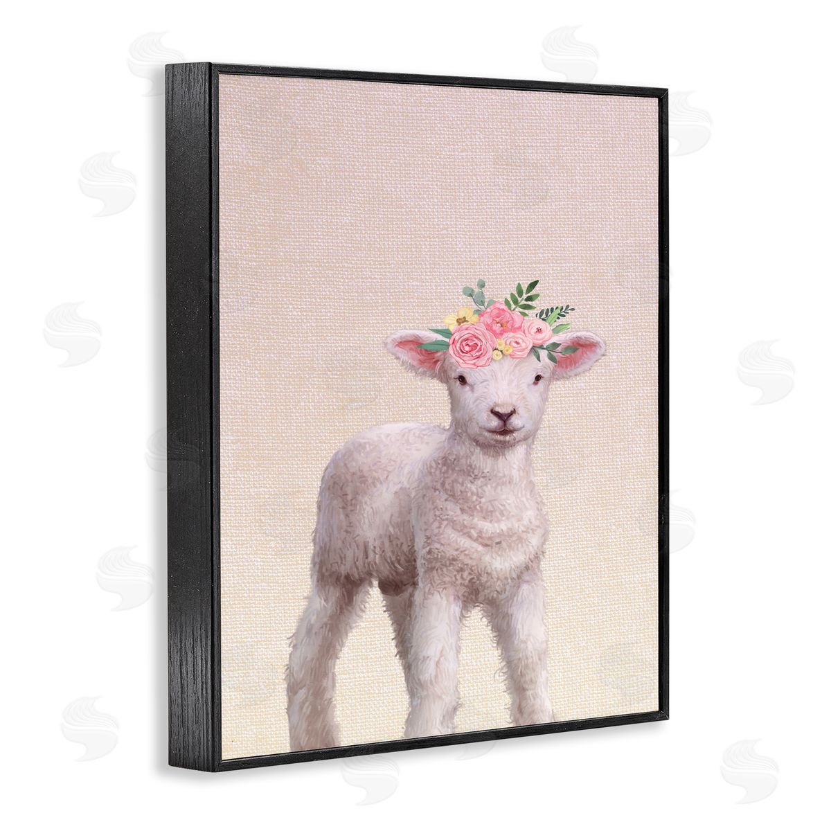 Baby Lamb with Floral Crown Black Frame Print Wall Art, Home Decor by Ziwei Li