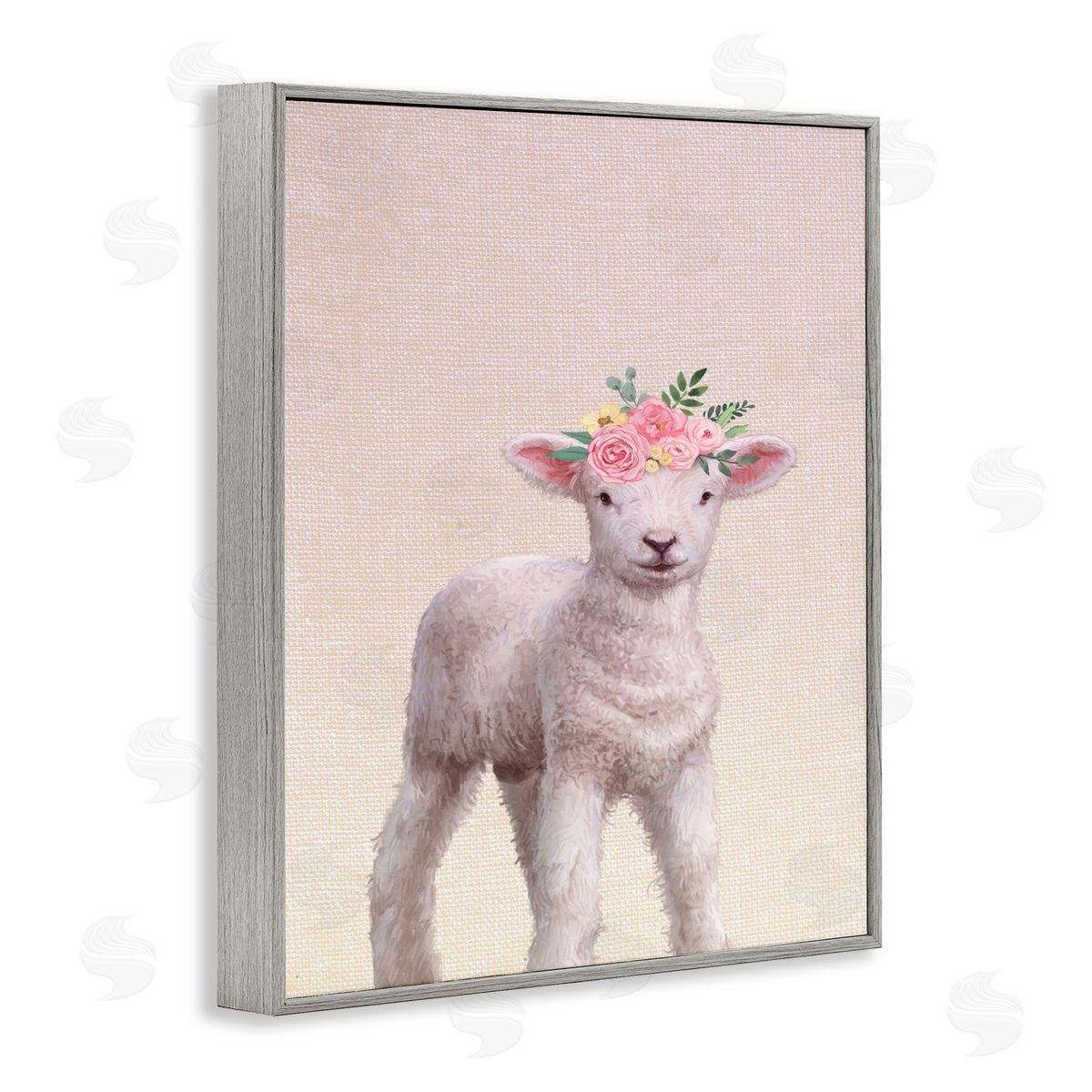 Baby Lamb with Floral Crown Grey Frame Print Wall Art, Home Decor by Ziwei Li