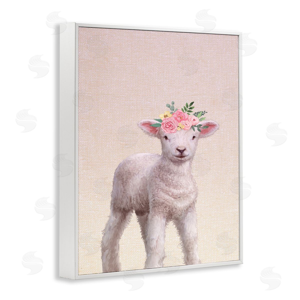 Baby Lamb with Floral Crown White Frame Print Wall Art, Home Decor by Ziwei Li