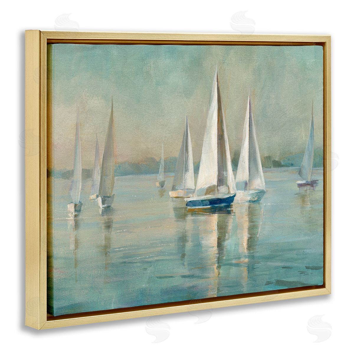Traditional Sailboats Water Lake Relaxed Gold Floating Frame Canvas Wall Art, Home Decor by Danhui Nai