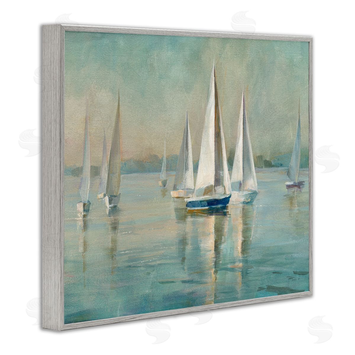 Traditional Sailboats Water Lake Relaxed Grey Frame Print Wall Art, Home Decor by Danhui Nai