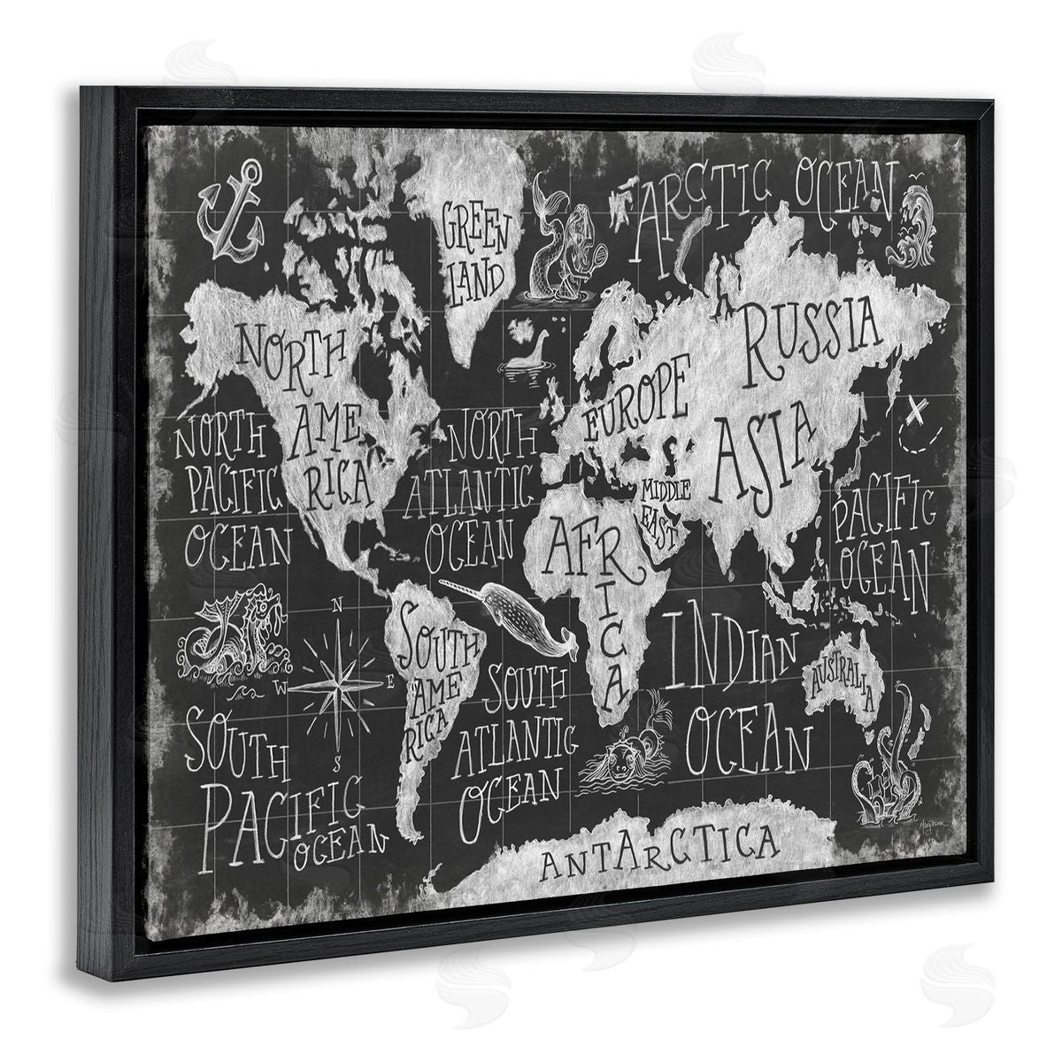 Antique Mythical Creatures Map Black Floating Frame Canvas Wall Art, Home Decor by Mary Urban