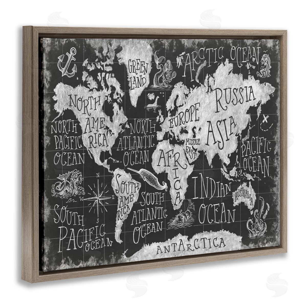 Antique Mythical Creatures Map Brown Floating Frame Canvas Wall Art, Home Decor by Mary Urban