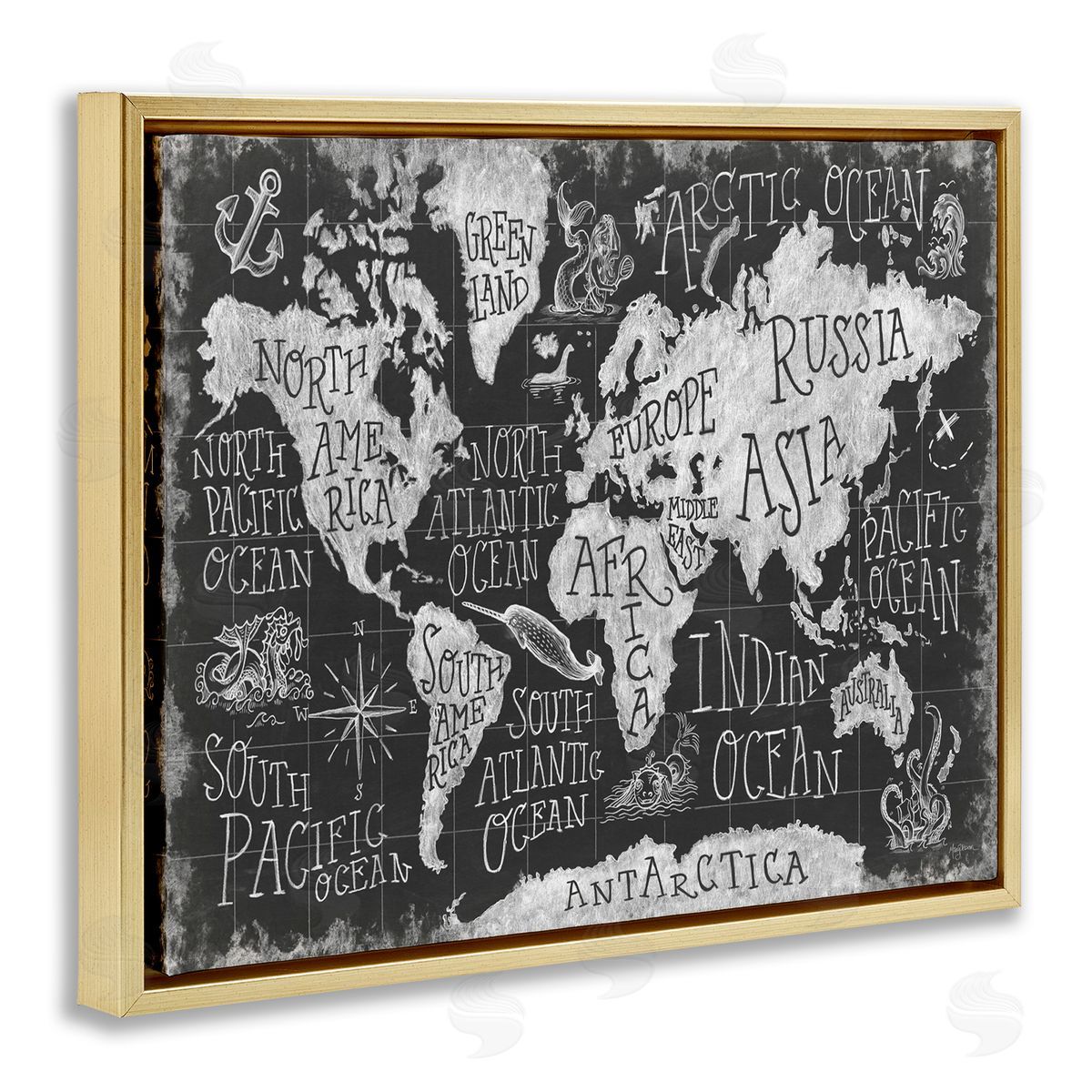 Antique Mythical Creatures Map Gold Floating Frame Canvas Wall Art, Home Decor by Mary Urban