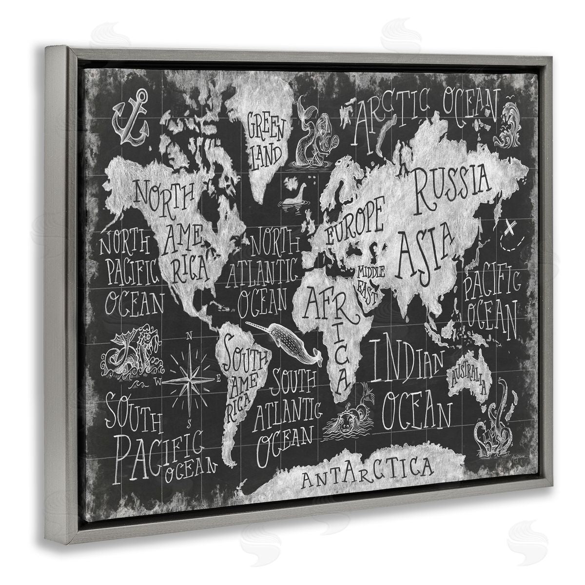 Antique Mythical Creatures Map Grey Floating Frame Canvas Wall Art, Home Decor by Mary Urban