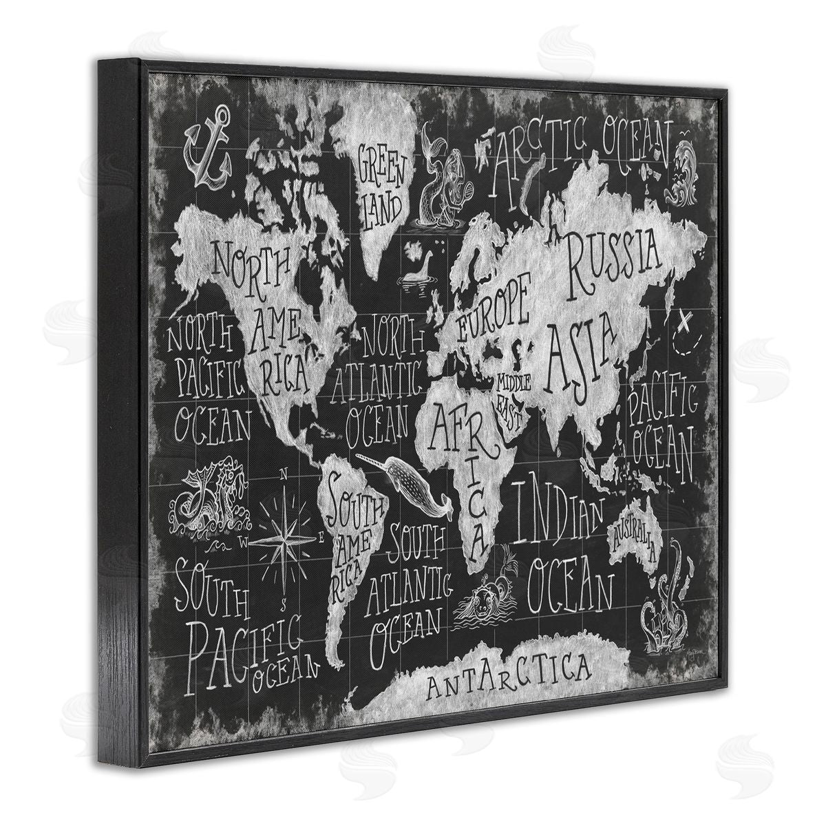 Antique Mythical Creatures Map Black Frame Print Wall Art, Home Decor by Mary Urban
