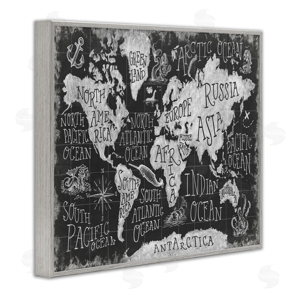 Antique Mythical Creatures Map Grey Frame Print Wall Art, Home Decor by Mary Urban