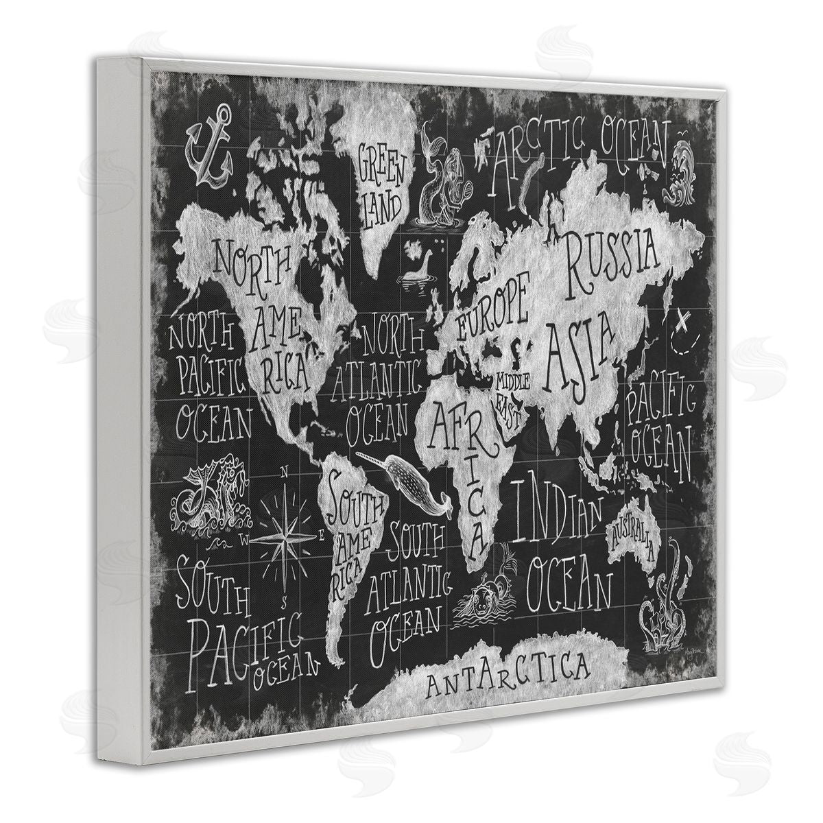 Antique Mythical Creatures Map White Frame Print Wall Art, Home Decor by Mary Urban