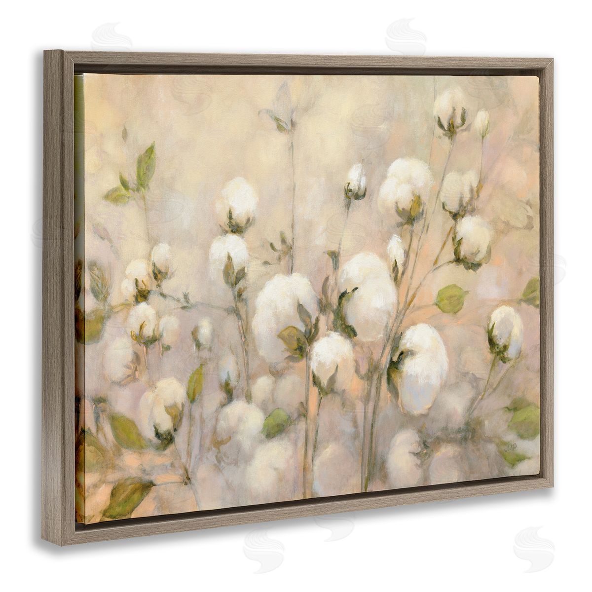Soft Cotton Field Florals Brown Floating Frame Canvas Wall Art, Home Decor by Julia Purinton