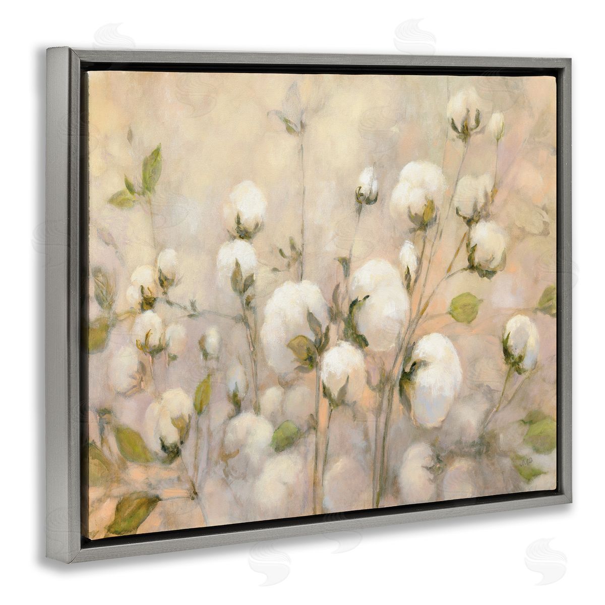 Soft Cotton Field Florals Grey Floating Frame Canvas Wall Art, Home Decor by Julia Purinton