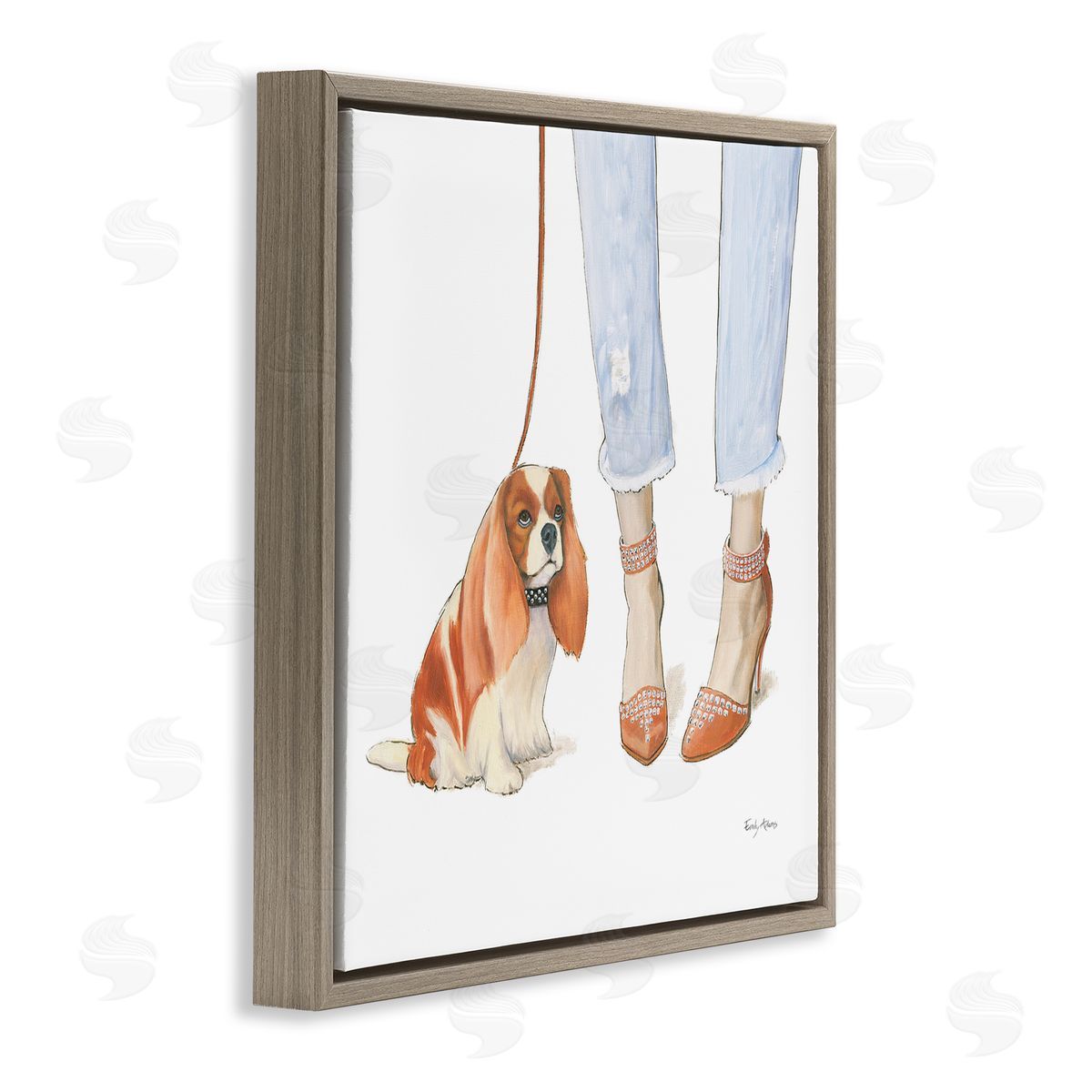 Orange Heels Dog Walk Brown Floating Frame Canvas Wall Art, Home Decor by Emily Adams