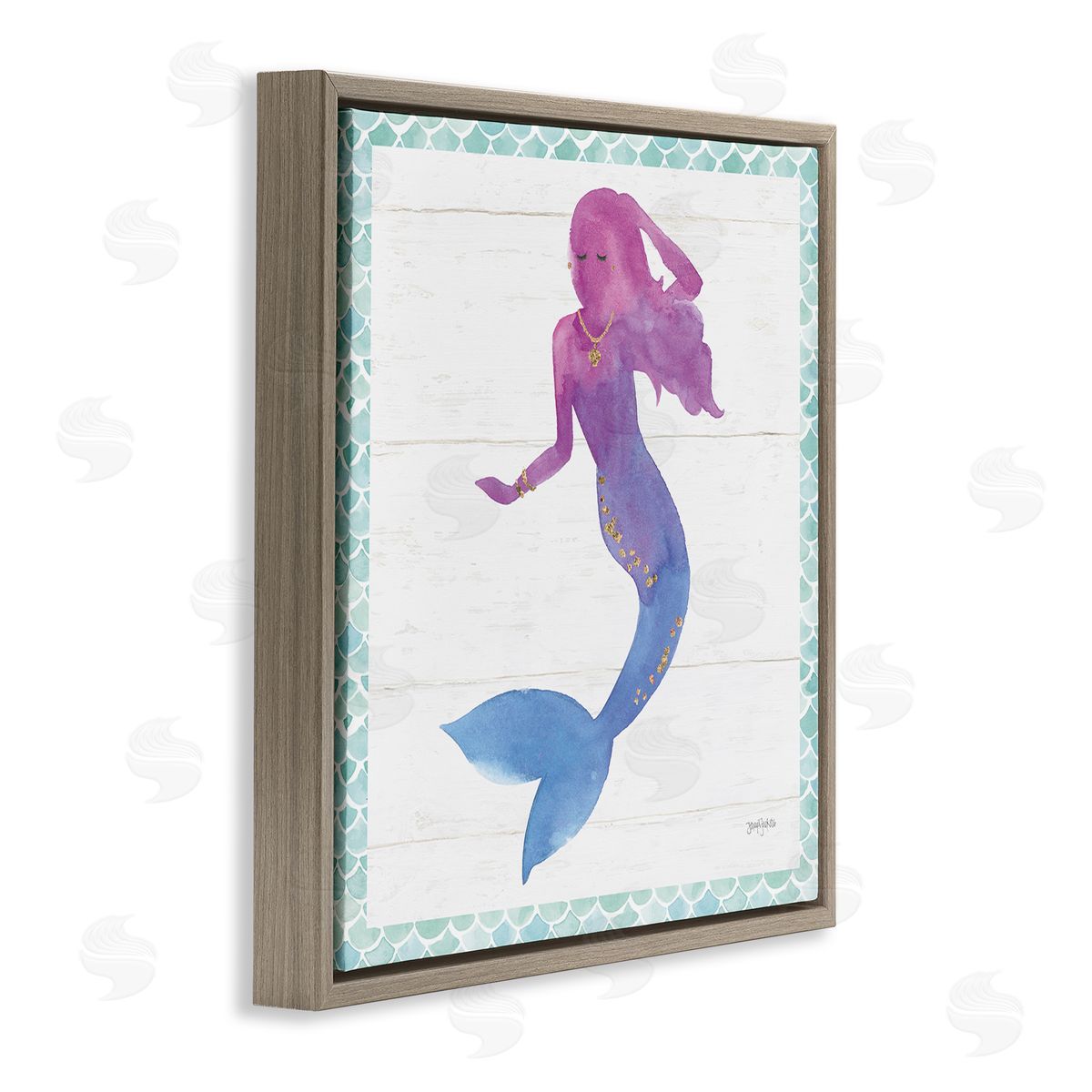 Purple Blue Mermaid Silhouette Brown Floating Frame Canvas Wall Art, Home Decor by Jenya Jackson