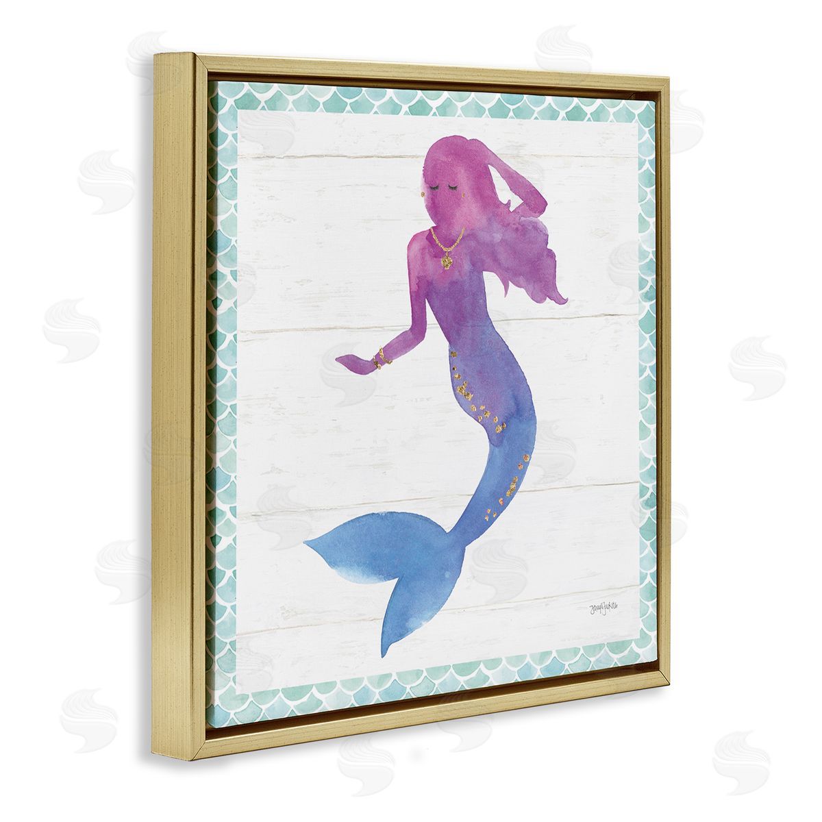 Purple Blue Mermaid Silhouette Gold Floating Frame Canvas Wall Art, Home Decor by Jenya Jackson