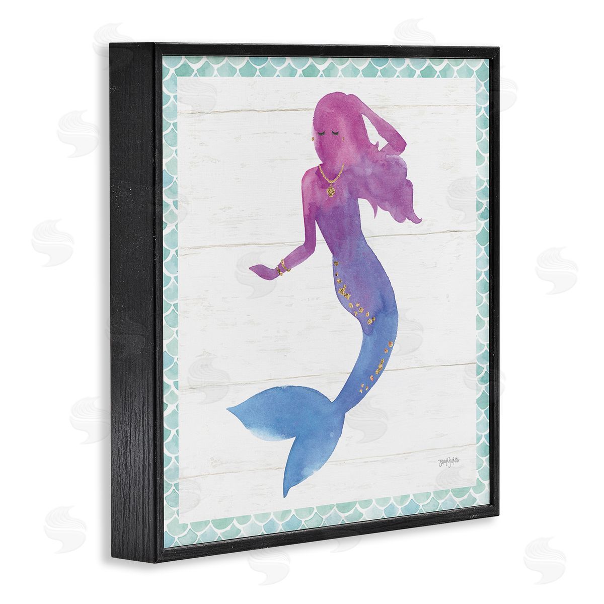 Purple Blue Mermaid Silhouette Black Frame Print Wall Art, Home Decor by Jenya Jackson