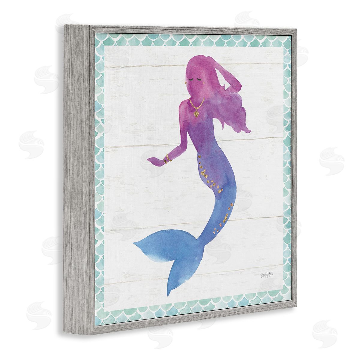 Purple Blue Mermaid Silhouette Grey Frame Print Wall Art, Home Decor by Jenya Jackson