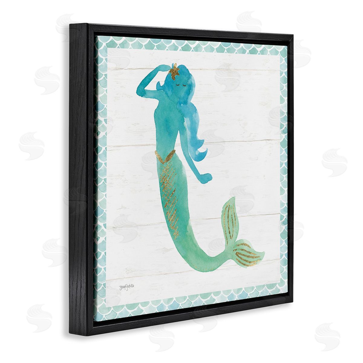 Blue Green Mermaid Silhouette Black Floating Frame Canvas Wall Art, Home Decor by Jenya Jackson