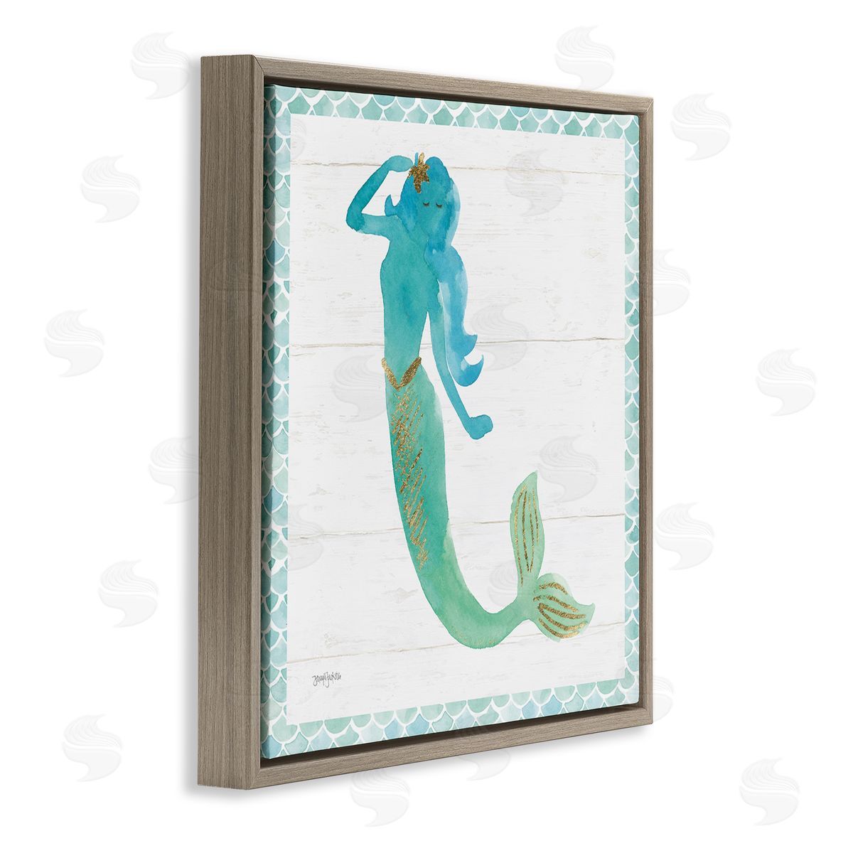 Blue Green Mermaid Silhouette Brown Floating Frame Canvas Wall Art, Home Decor by Jenya Jackson