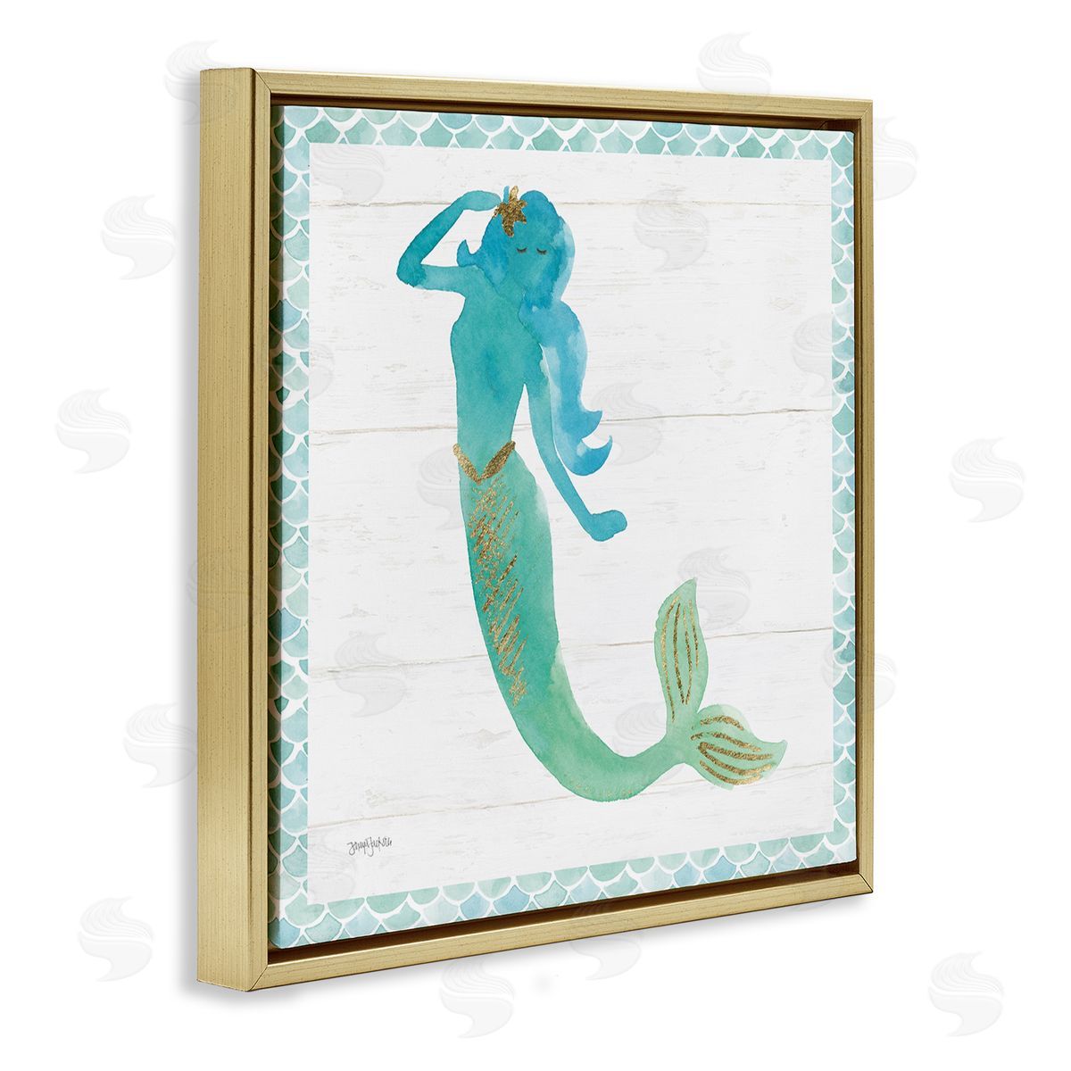 Blue Green Mermaid Silhouette Gold Floating Frame Canvas Wall Art, Home Decor by Jenya Jackson