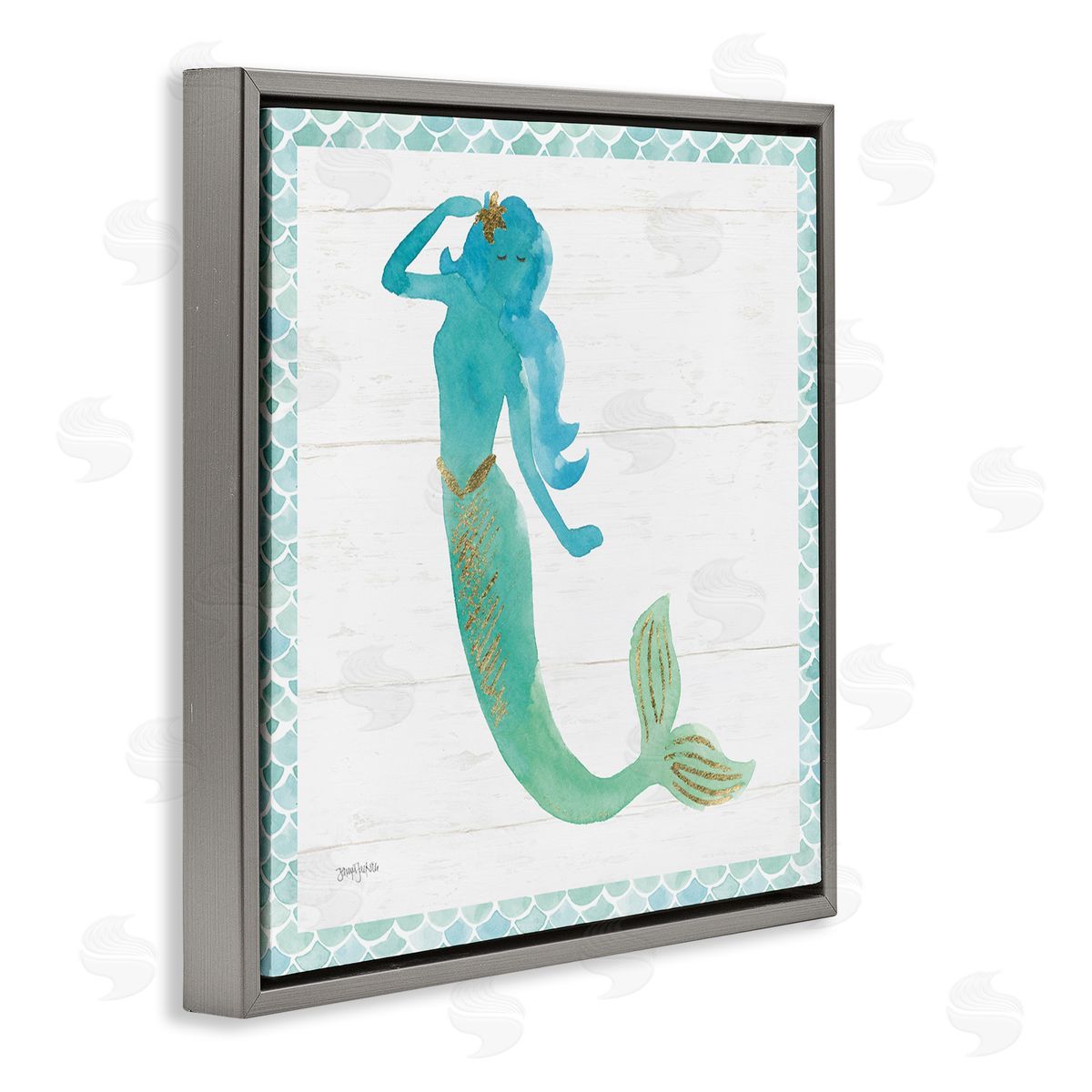 Blue Green Mermaid Silhouette Grey Floating Frame Canvas Wall Art, Home Decor by Jenya Jackson
