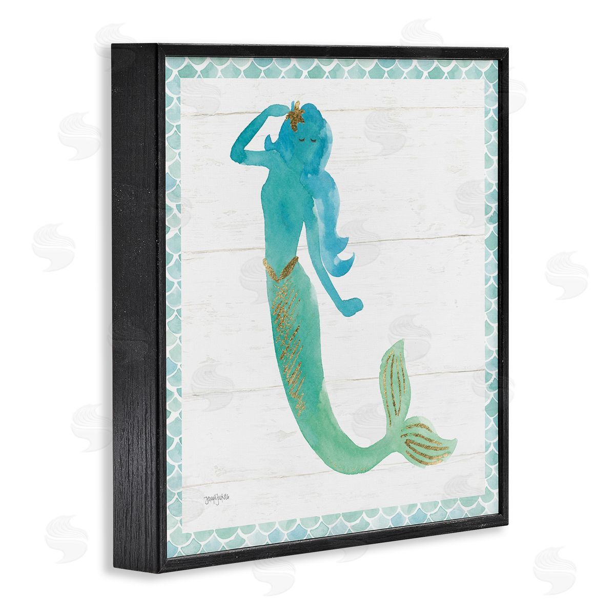 Blue Green Mermaid Silhouette Black Frame Print Wall Art, Home Decor by Jenya Jackson