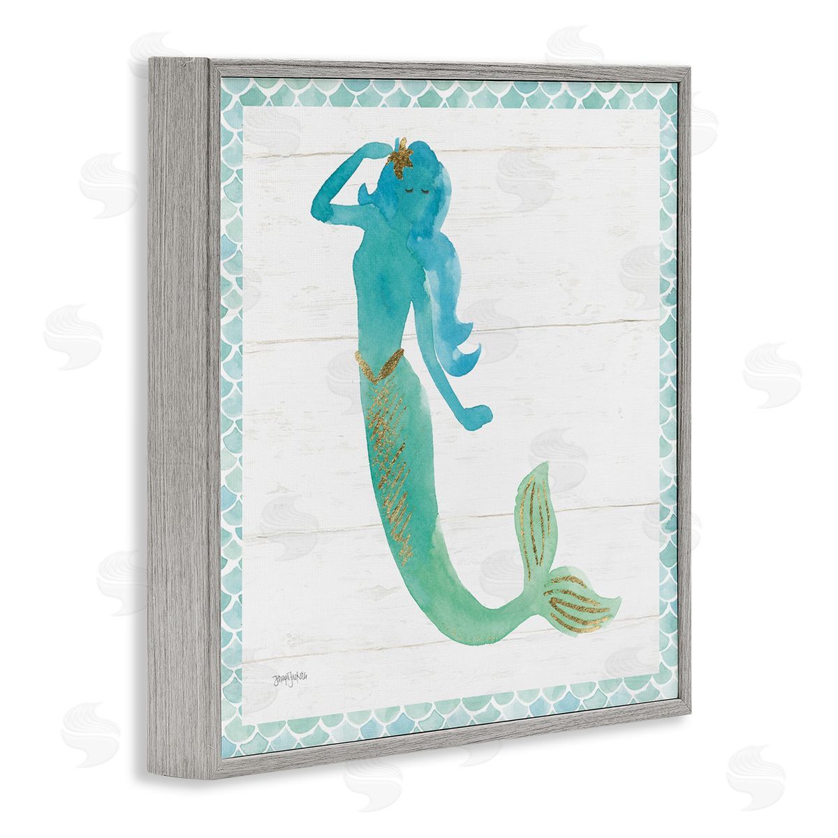 Blue Green Mermaid Silhouette Grey Frame Print Wall Art, Home Decor by Jenya Jackson