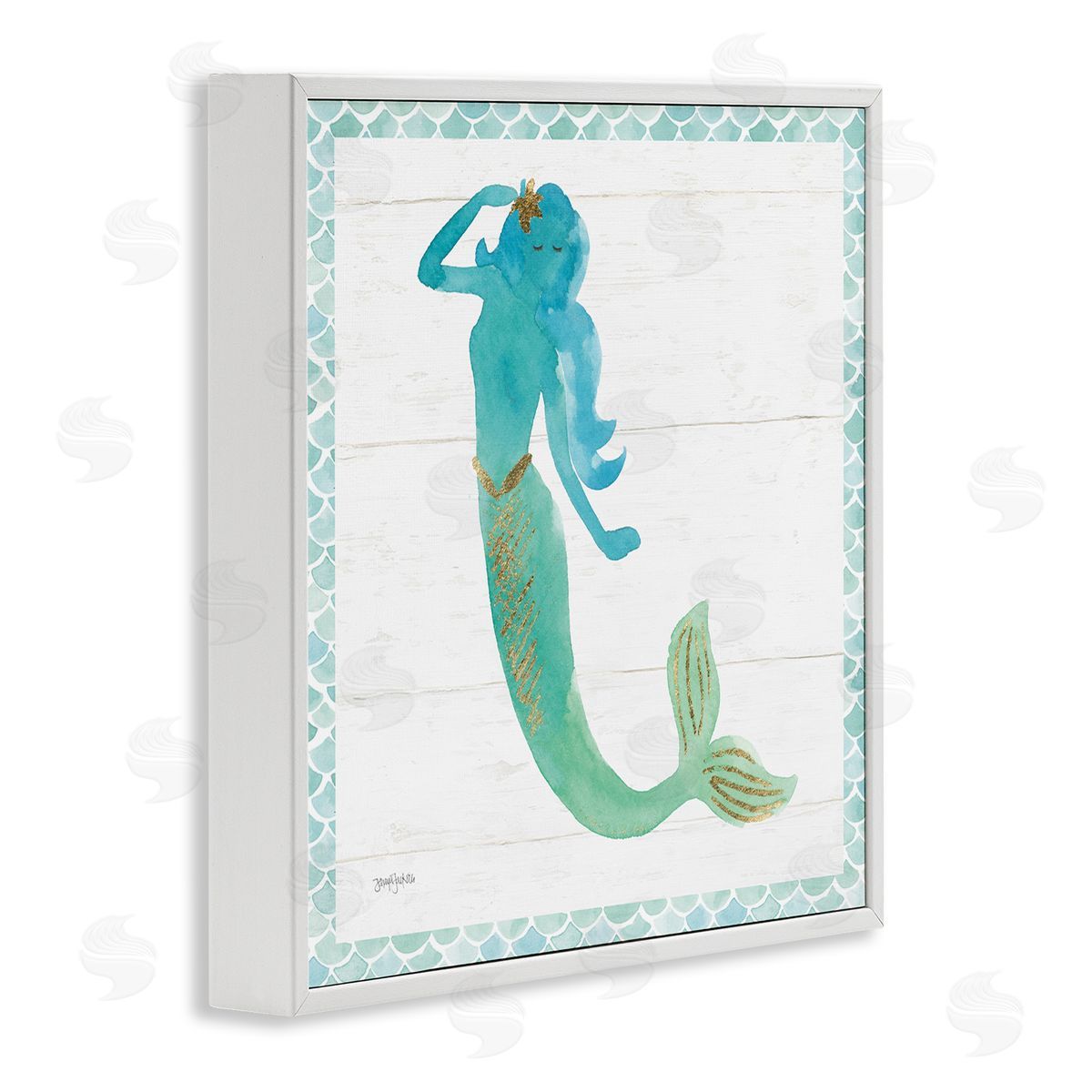Blue Green Mermaid Silhouette White Frame Print Wall Art, Home Decor by Jenya Jackson