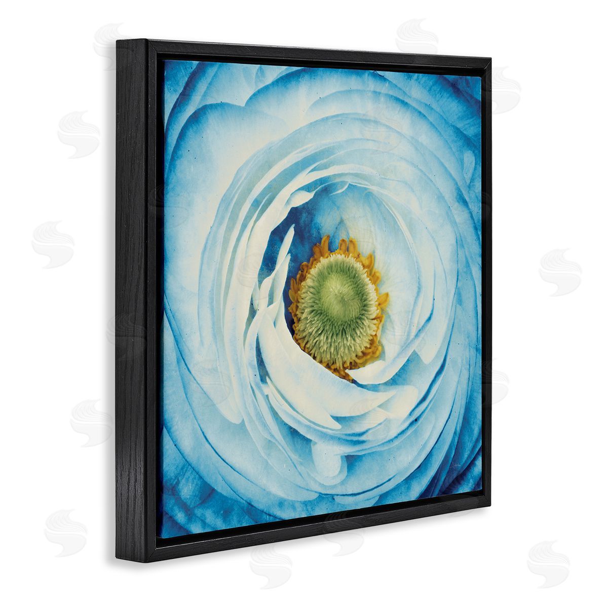 Blue Flower Close Up Black Floating Frame Canvas Wall Art, Home Decor by Aledanda
