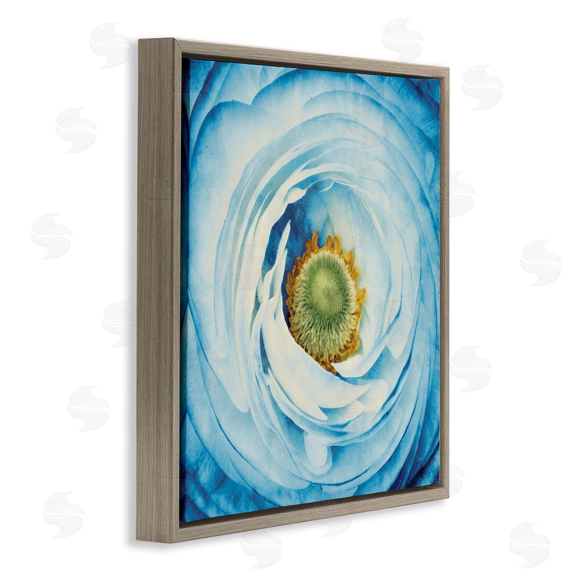 Blue Flower Close Up Brown Floating Frame Canvas Wall Art, Home Decor by Aledanda