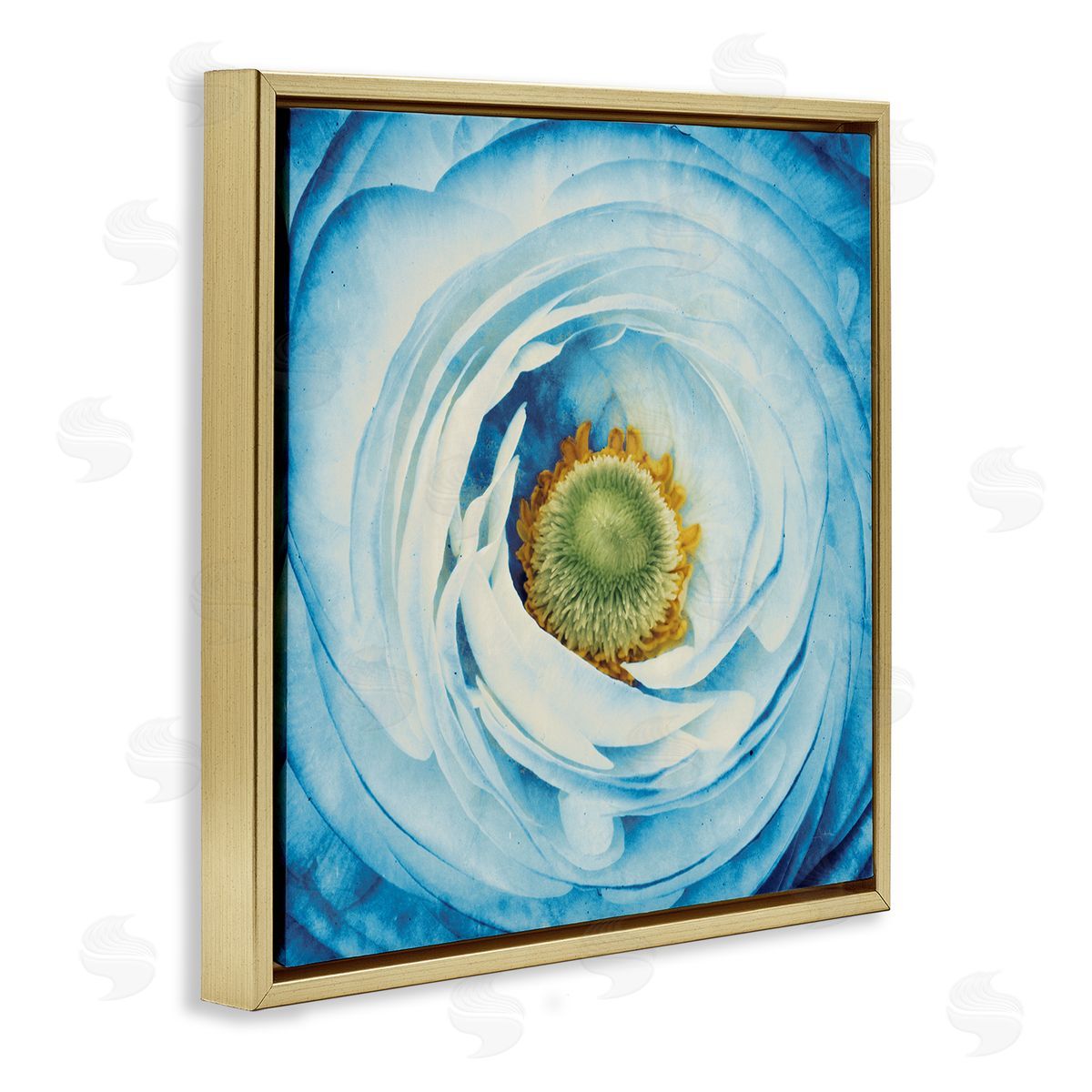 Blue Flower Close Up Gold Floating Frame Canvas Wall Art, Home Decor by Aledanda