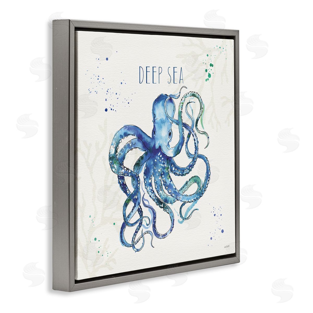 Deep Sea Phrase Octopus Grey Floating Frame Canvas Wall Art, Home Decor by Anne Tavoletti