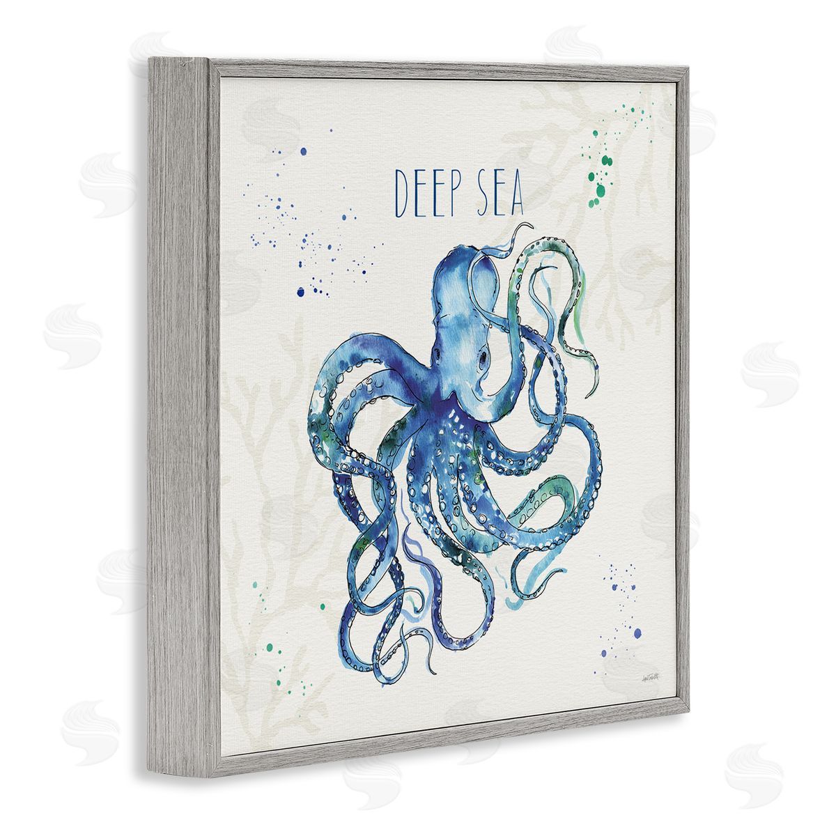 Deep Sea Phrase Octopus Grey Frame Print Wall Art, Home Decor by Anne Tavoletti