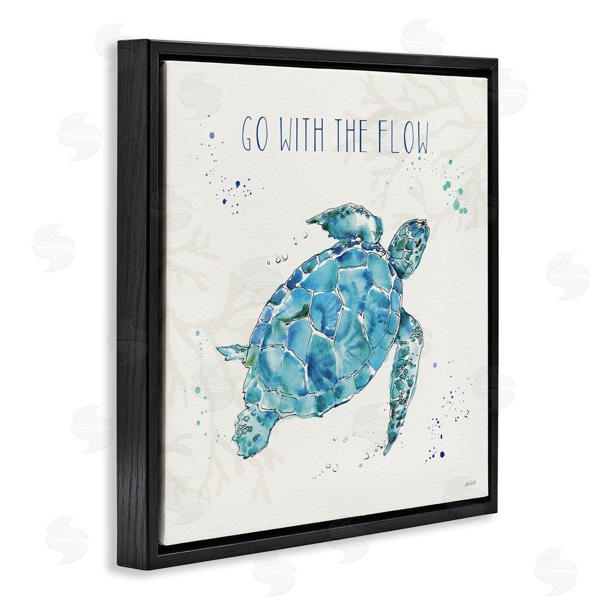 Go with the Flow Turtle Tortoise Black Floating Frame Canvas Wall Art, Home Decor by Anne Tavoletti