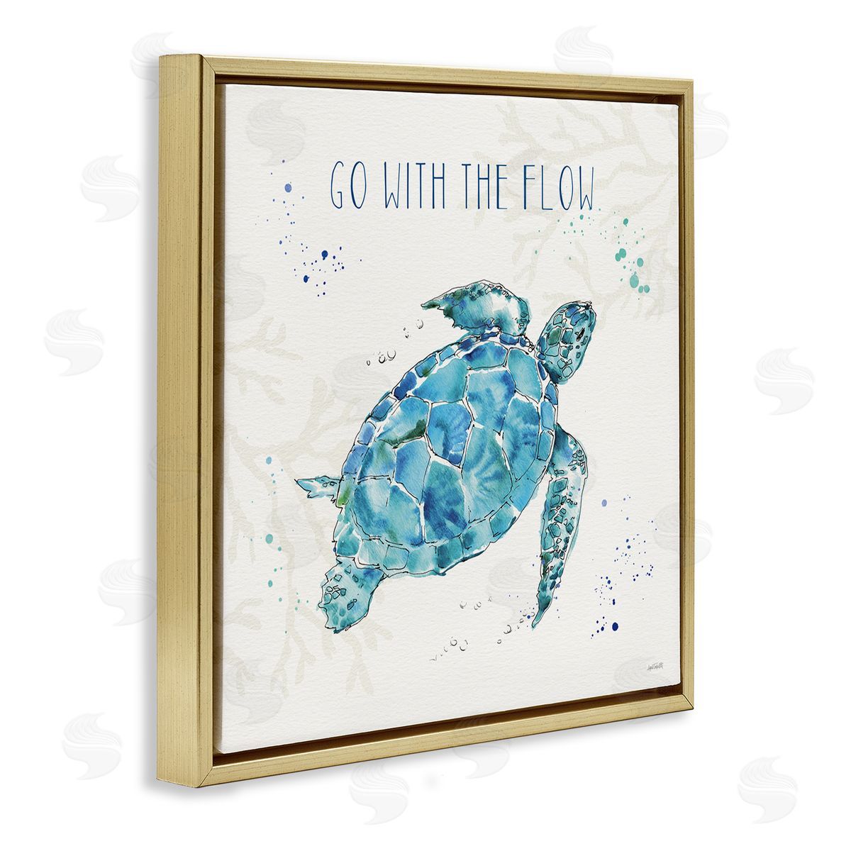 Go with the Flow Turtle Tortoise Gold Floating Frame Canvas Wall Art, Home Decor by Anne Tavoletti