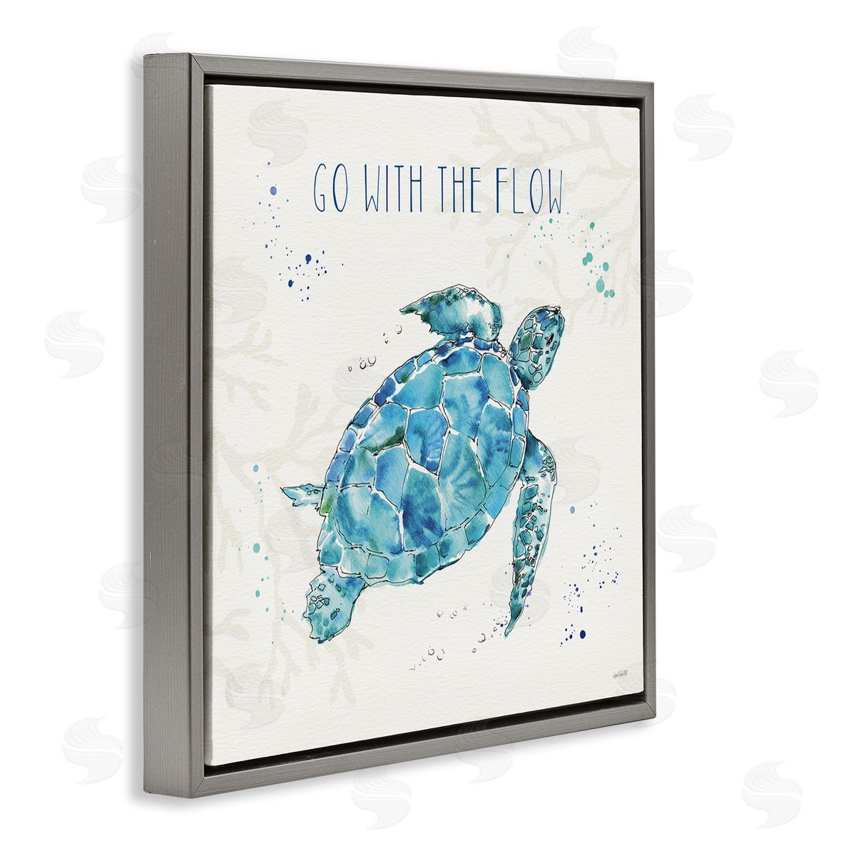 Go with the Flow Turtle Tortoise Grey Floating Frame Canvas Wall Art, Home Decor by Anne Tavoletti