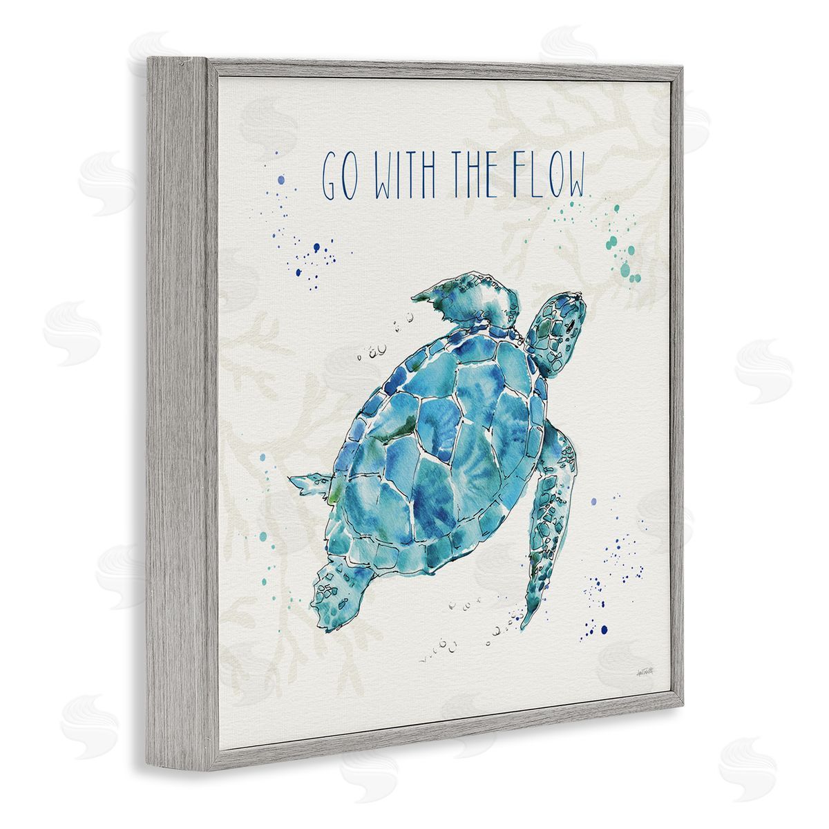 Go with the Flow Turtle Tortoise Grey Frame Print Wall Art, Home Decor by Anne Tavoletti